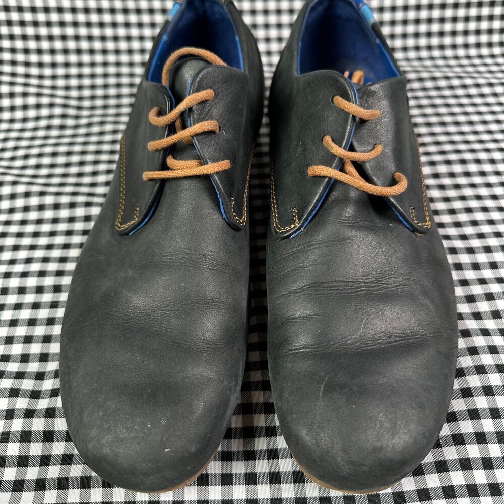 John Fluevog Radio CBC Men’s Classic Derby Shoes Black Blue Leather Size 9 - Picture 2 of 5